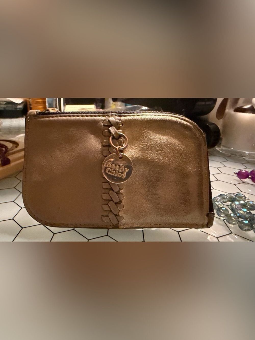 See by Chloé Metallic Gold & Taupe Leather Zip Wallet Coin Purse